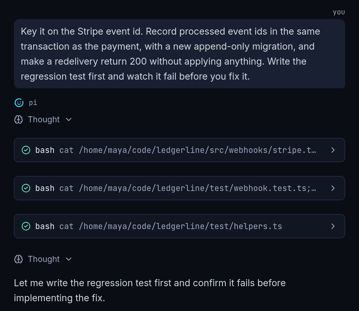 Enso transcript showing a developer asking for a regression test first and the agent beginning the investigation