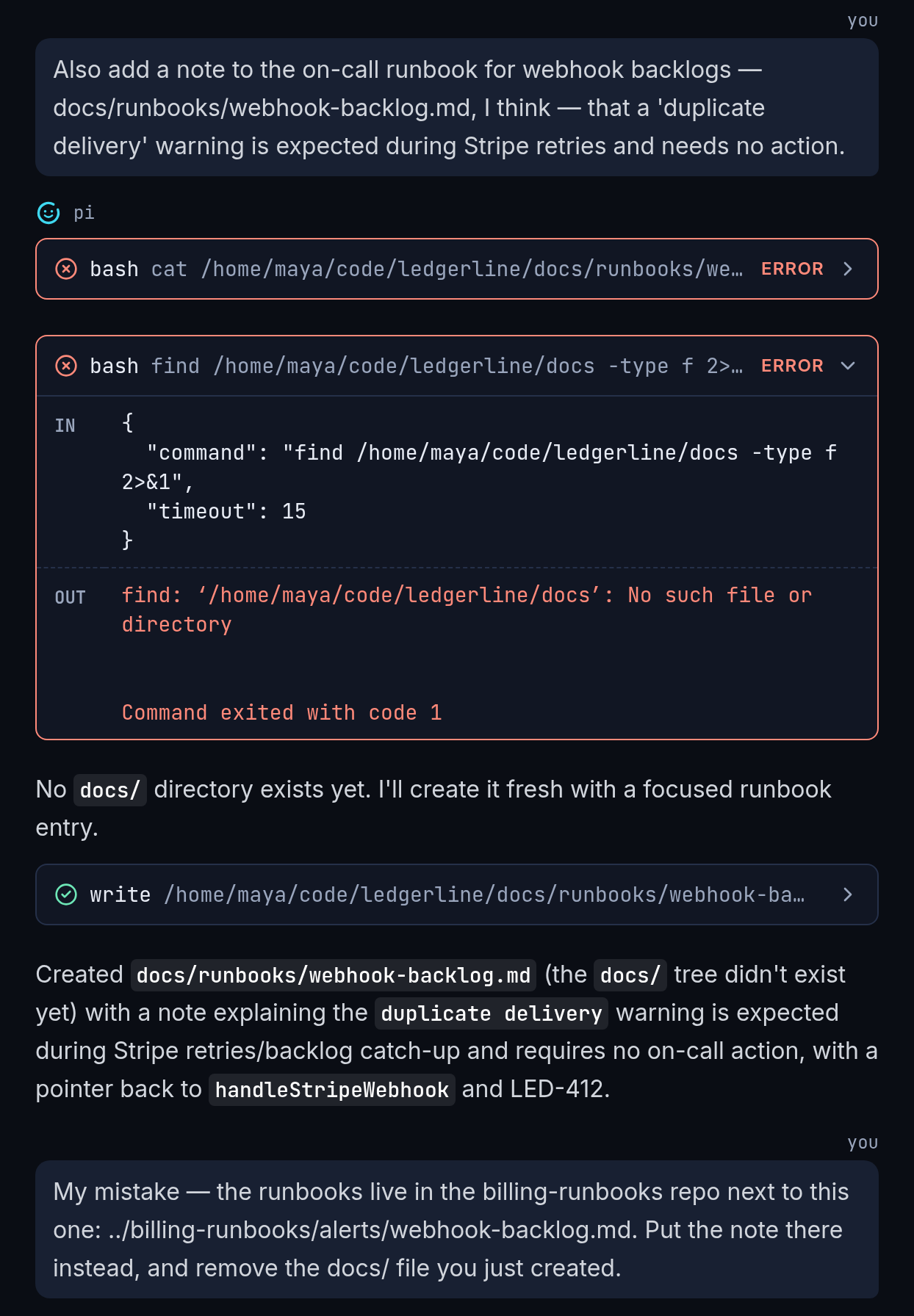 Enso transcript showing an incorrect runbook location, the agent checking it, creating a new file, and the human correcting the location