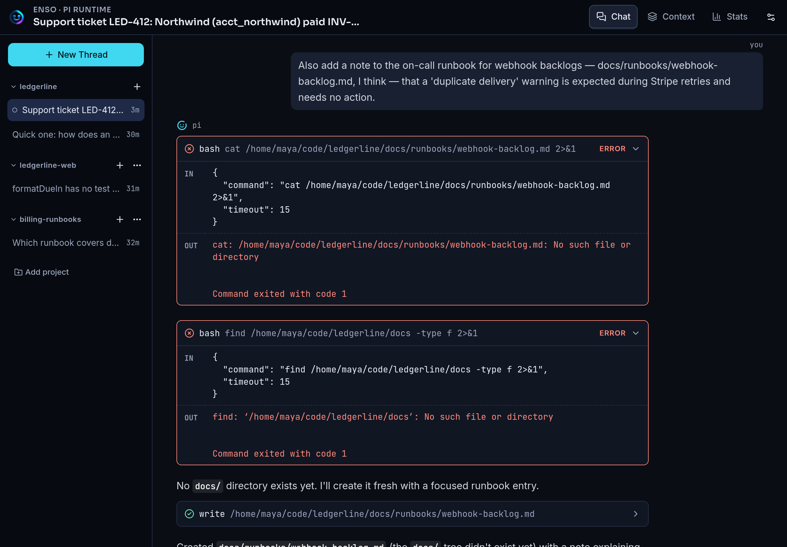 Enso Chat showing genuine failed tool calls and their error output