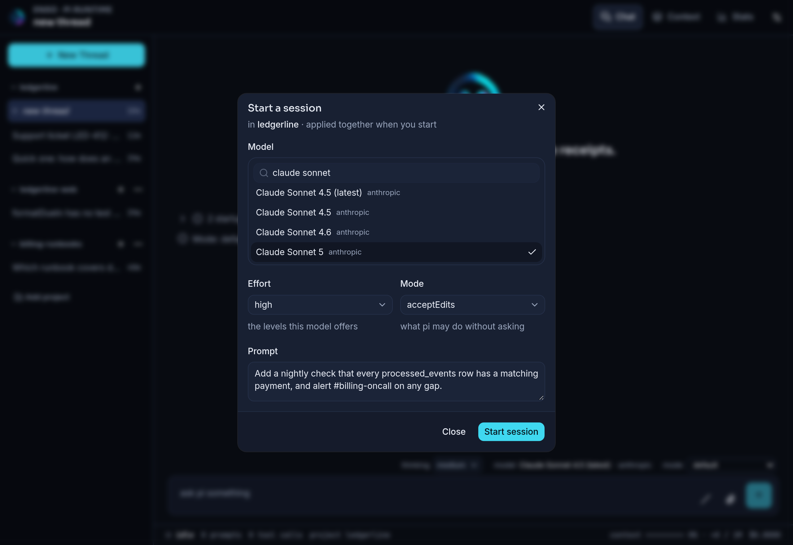 Enso Start a session dialog showing model, effort, mode and prompt selected together